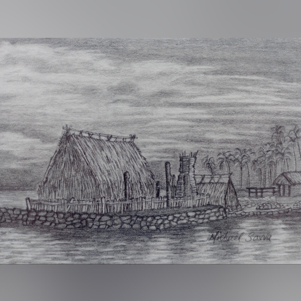 Scenic Hawaiian Graphite Drawing - Kamakahonu, Residence Of King Kamehameha.